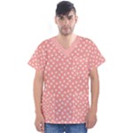 Coral Pink White Floral Print Men s V-Neck Scrub Top