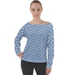 Faded Blue White Floral Print Off Shoulder Long Sleeve Velour Top