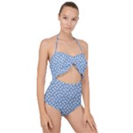 Faded Blue White Floral Print Scallop Top Cut Out Swimsuit