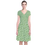 Spring Green White Floral Print Short Sleeve Front Wrap Dress