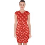 Red White Floral Print Capsleeve Drawstring Dress 