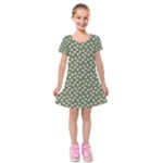 Sage Green White Floral Print Kids  Short Sleeve Velvet Dress