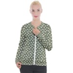 Sage Green White Floral Print Casual Zip Up Jacket