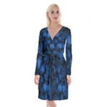 Dark Blue Abstract Pattern Long Sleeve Velvet Front Wrap Dress