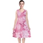 Blush Pink Watercolor Flowers V-Neck Midi Sleeveless Dress 