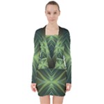 Abstract Green Stripes V-neck Bodycon Long Sleeve Dress