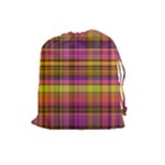 Pink Yellow Madras Plaid Drawstring Pouch (Large)
