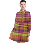 Pink Yellow Madras Plaid Long Sleeve Chiffon Shirt Dress