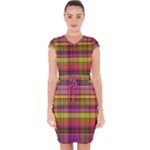 Pink Yellow Madras Plaid Capsleeve Drawstring Dress 