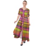 Pink Yellow Madras Plaid Waist Tie Boho Maxi Dress