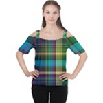 Colorful Madras Plaid Cutout Shoulder Tee