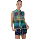 Colorful Madras Plaid Sleeveless Chiffon Button Shirt