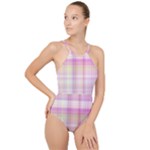 Pink Madras Plaid High Neck One Piece Swimsuit