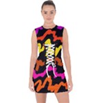 Multicolored Scribble Abstract Pattern Lace Up Front Bodycon Dress
