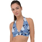Stripes Blue White Halter Plunge Bikini Top