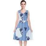 Stripes Blue White V-Neck Midi Sleeveless Dress 