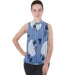 Stripes Blue White Mock Neck Chiffon Sleeveless Top