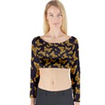 Black Gold Butterfly Print Long Sleeve Crop Top