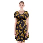 Black Gold Butterfly Print Short Sleeve V-neck Flare Dress