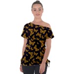 Black Gold Butterfly Print Tie-Up Tee