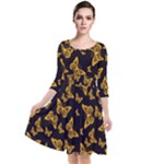 Black Gold Butterfly Print Quarter Sleeve Waist Band Dress