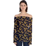 Black Gold Butterfly Print Off Shoulder Long Sleeve Top