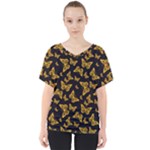 Black Gold Butterfly Print V-Neck Dolman Drape Top