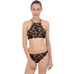 Black Gold Butterfly Print Racer Front Bikini Set