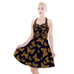 Black Gold Butterfly Print Halter Party Swing Dress 