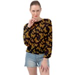 Black Gold Butterfly Print Banded Bottom Chiffon Top