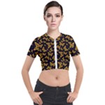 Black Gold Butterfly Print Short Sleeve Cropped Jacket