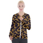 Black Gold Butterfly Print Casual Zip Up Jacket