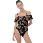 Black Gold Butterfly Print Frill Detail One Piece Swimsuit