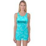 Aqua Blue Butterfly Print One Piece Boyleg Swimsuit