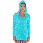 Aqua Blue Butterfly Print Long Sleeve Hooded T-shirt