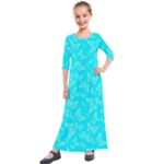 Aqua Blue Butterfly Print Kids  Quarter Sleeve Maxi Dress