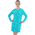 Aqua Blue Butterfly Print Long Sleeve Hoodie Dress