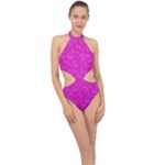 Fuchsia Butterfly Print  Halter Side Cut Swimsuit