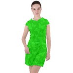 Chartreuse Green Butterfly Print Drawstring Hooded Dress