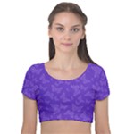 Violet Purple Butterfly Print Velvet Short Sleeve Crop Top 