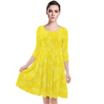 Lemon Yellow Butterfly Print Quarter Sleeve Waist Band Dress