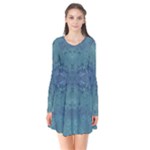 Teal Spirals and Swirls Long Sleeve V-neck Flare Dress