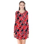 Abstract Red Black Checkered Long Sleeve V-neck Flare Dress