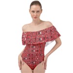 Abstract Red Black Checkered Off Shoulder Velour Bodysuit 