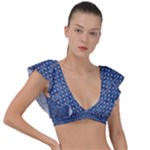 Artsy Blue Checkered Plunge Frill Sleeve Bikini Top
