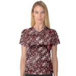 Abstract Red Black Checkered V-Neck Sport Mesh Tee