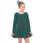 Teal Green Spirals Kids  Long Sleeve Dress