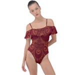 Red and Gold Spirals Frill Detail One Piece Swimsuit