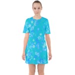 Aqua Blue Floral Print Sixties Short Sleeve Mini Dress