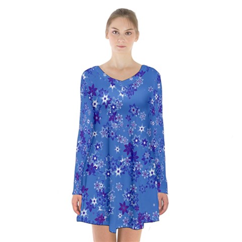 Cornflower Blue Floral Print Long Sleeve Velvet V